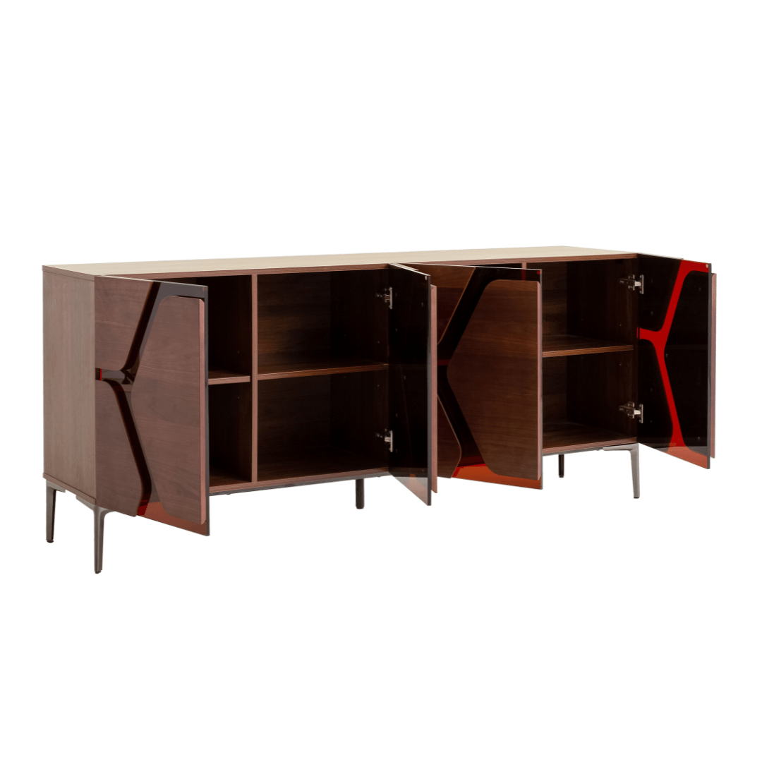 Modern wooden cabinet with open doors on a white background