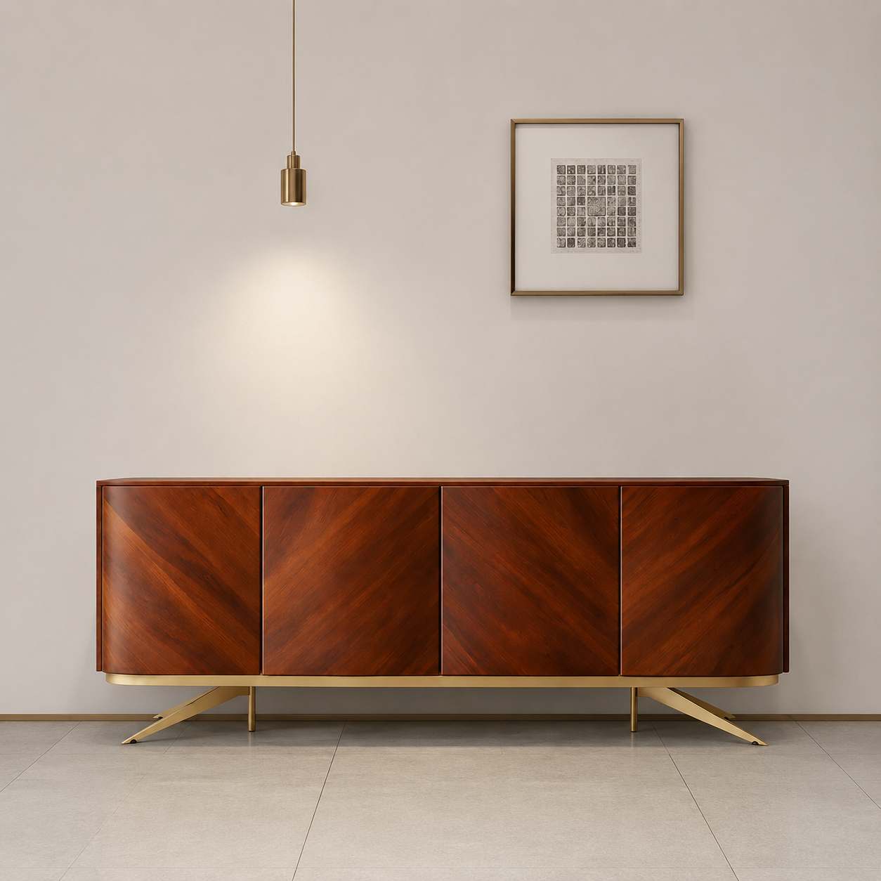 Wooden sideboard with gold legs against a beige wall with a framed picture.
