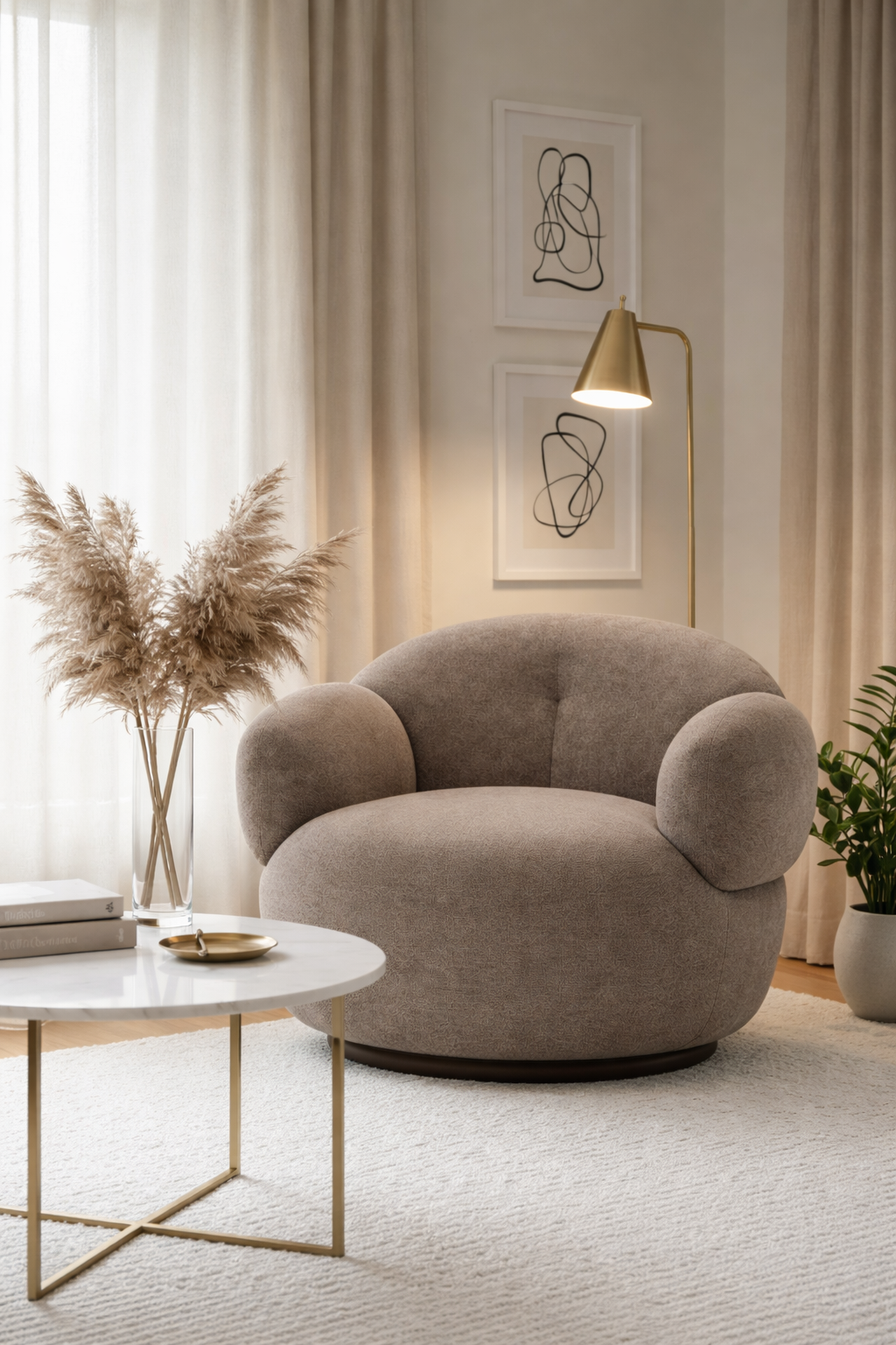 Modern living room with a beige armchair, round coffee table, and decorative elements.