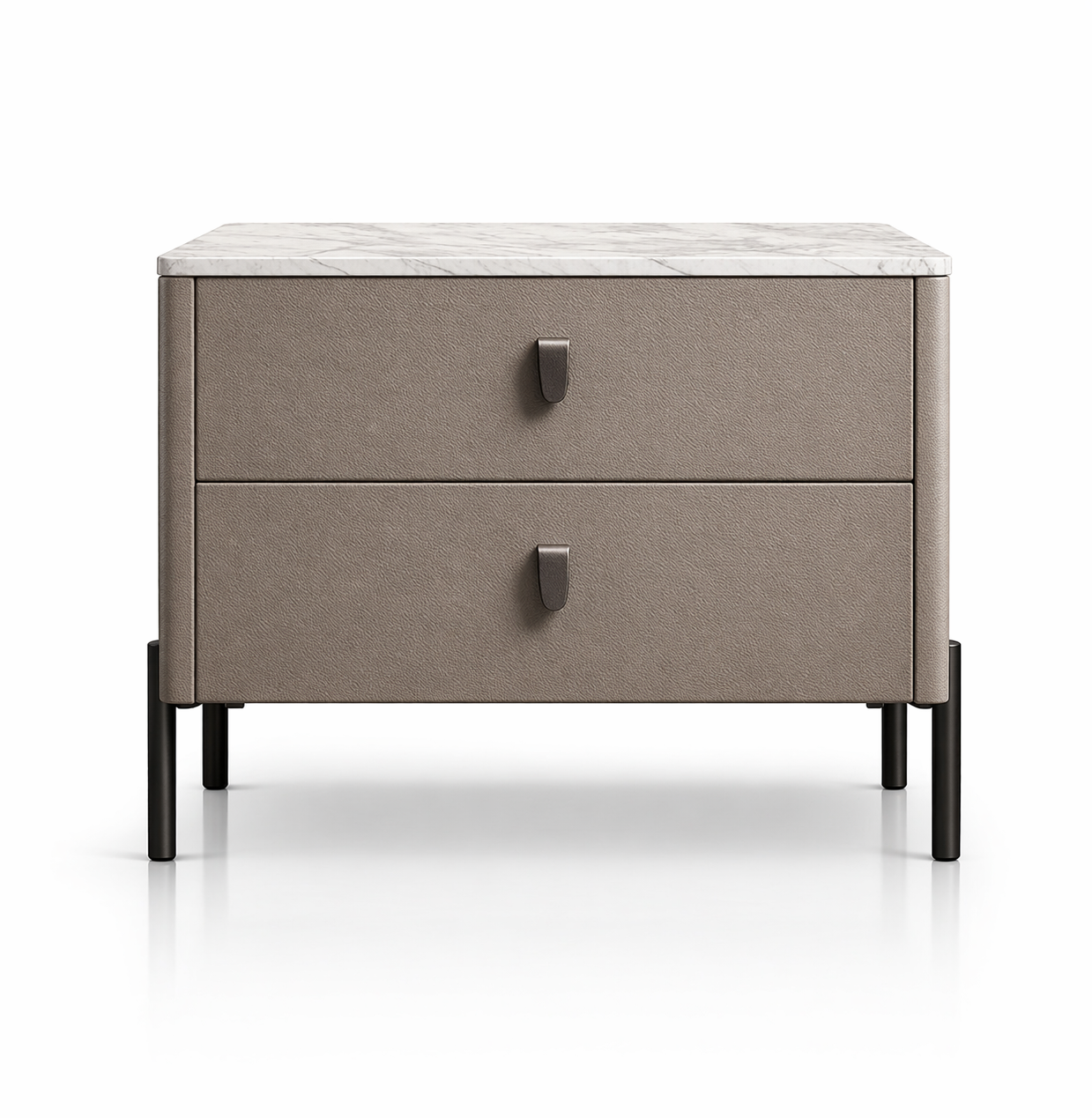 Two-drawer nightstand with marble top on a white background