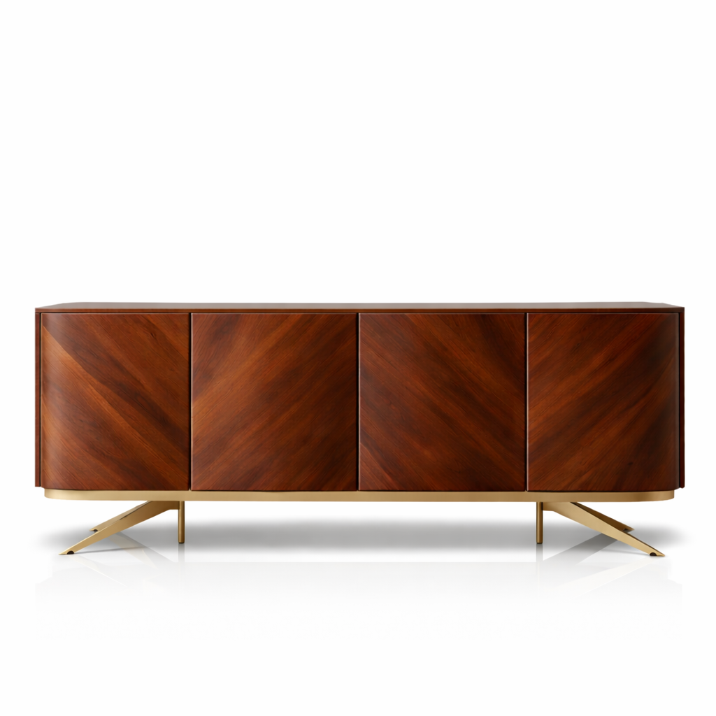 Wooden sideboard with gold legs on a white background