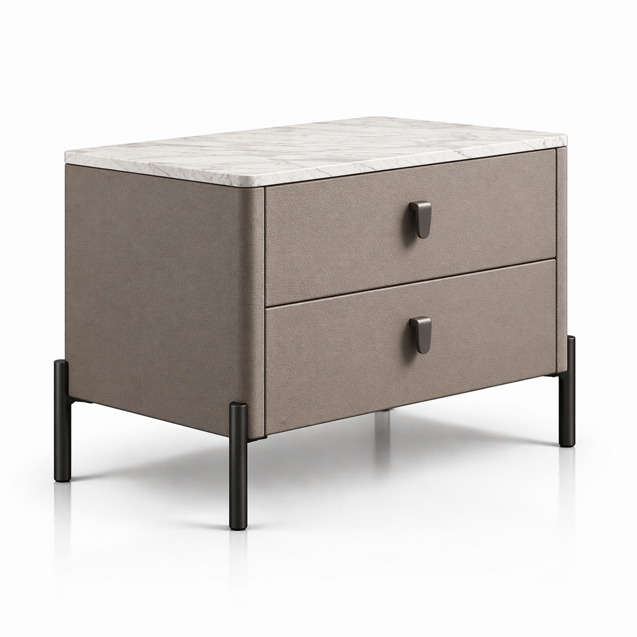 Beige nightstand with two drawers and a marble top on a white background
