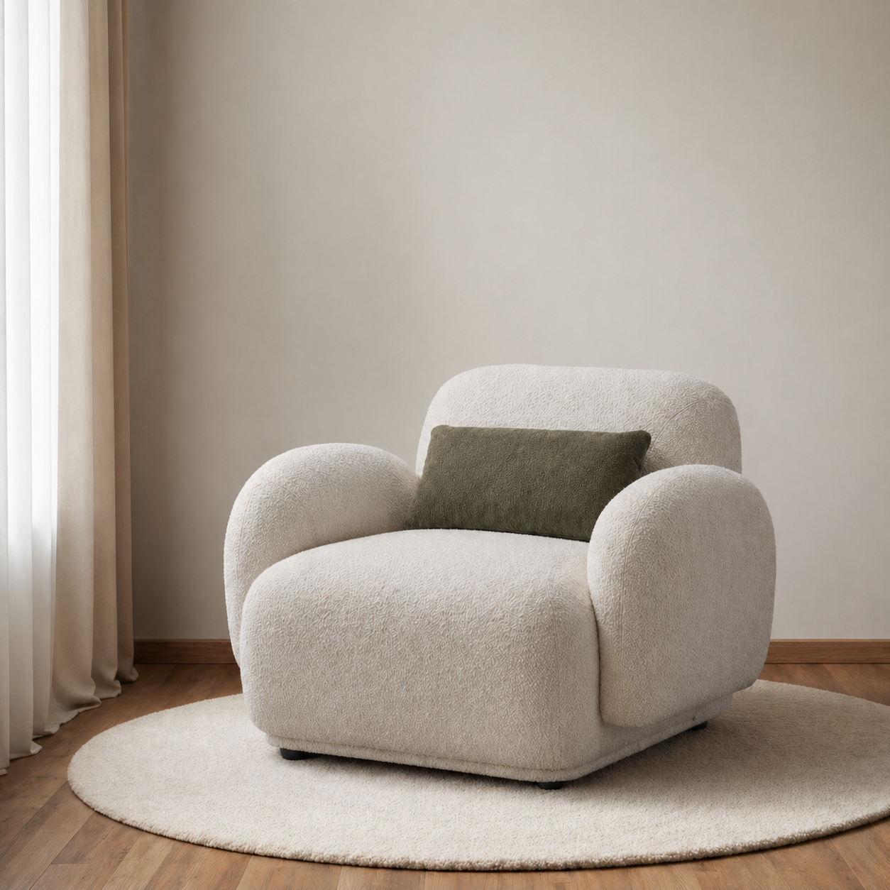 Beige armchair with a green pillow on a round beige rug in a room with light-colored walls and curtains.