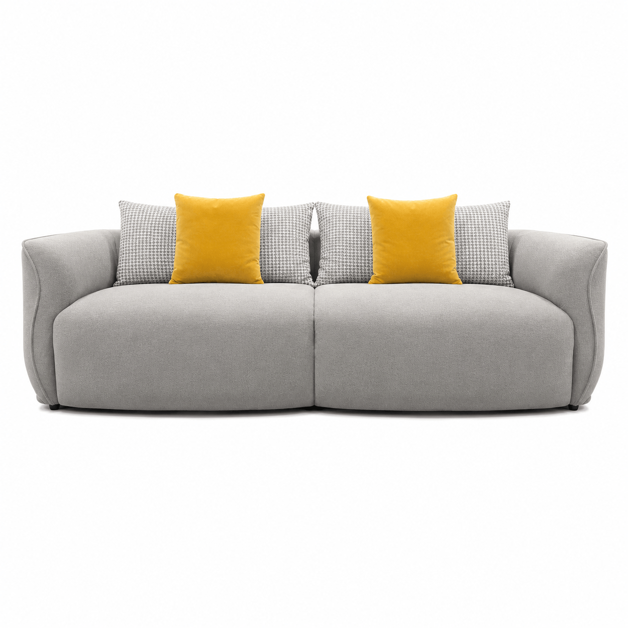 Gray sofa with yellow and patterned cushions on a white background