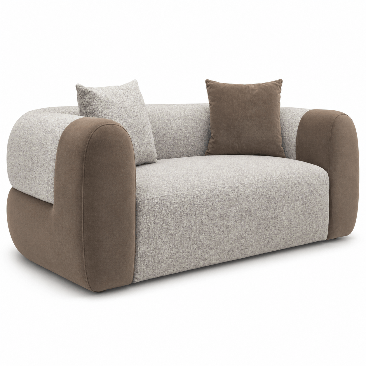 Gray and brown sofa with two cushions on a white background