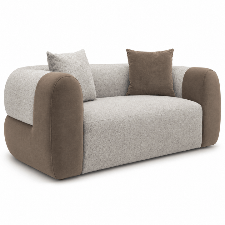 Gray and brown sofa with three cushions on a white background