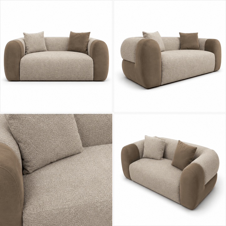 Beige and brown sofa with cushions on a white background