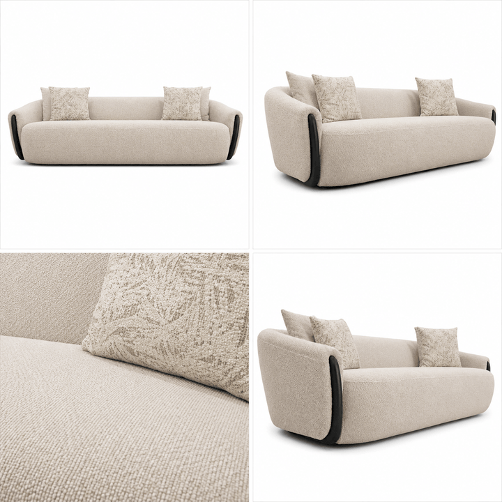 Beige sofa with cushions on a white background