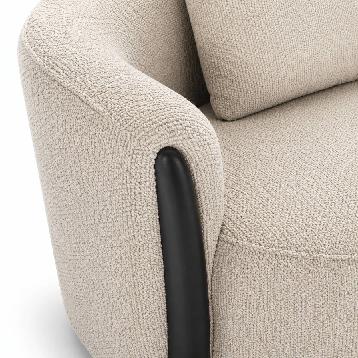 Close-up of a textured beige armchair with a black armrest on a white background