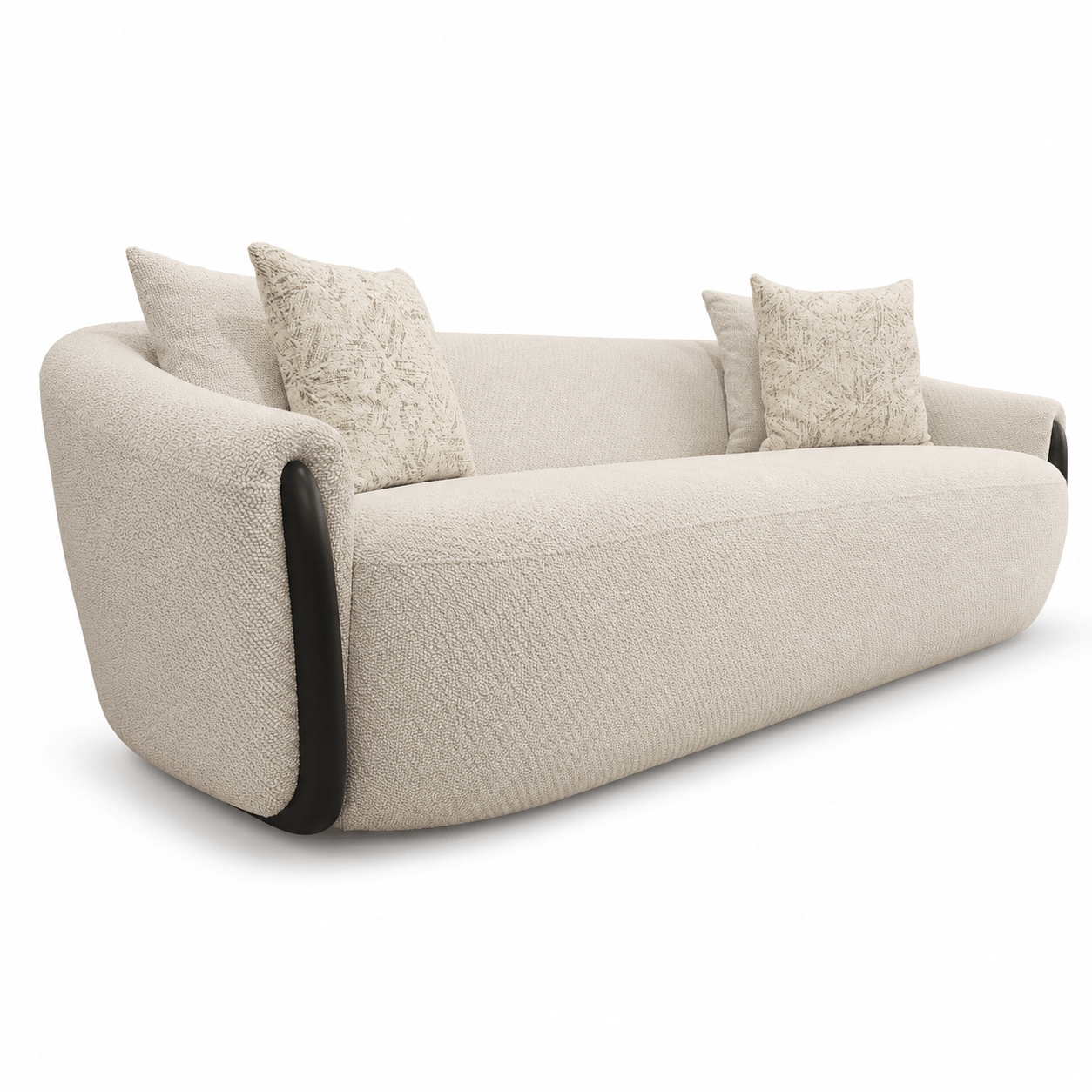 Beige sofa with three cushions on a white background