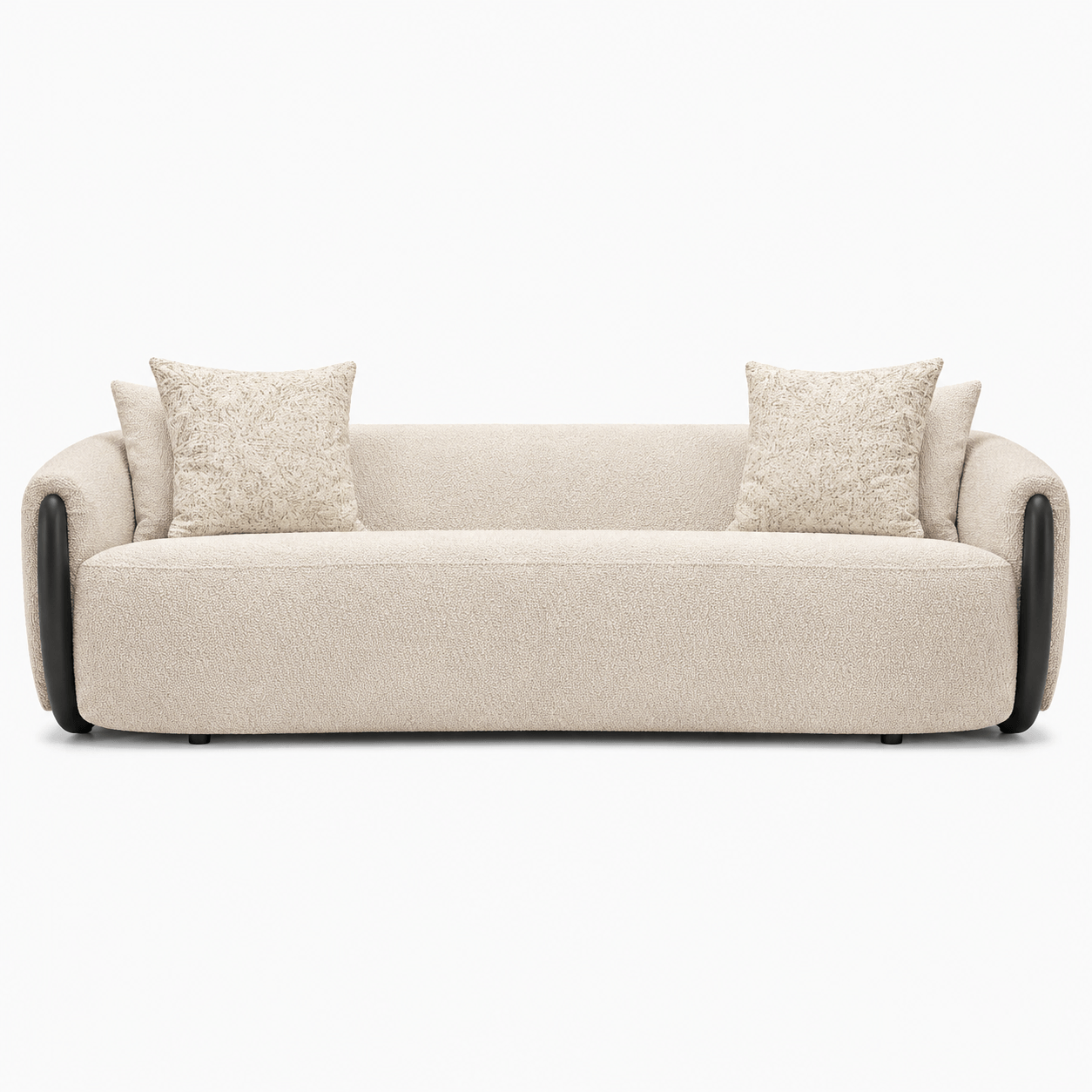 Beige sofa with two cushions on a white background