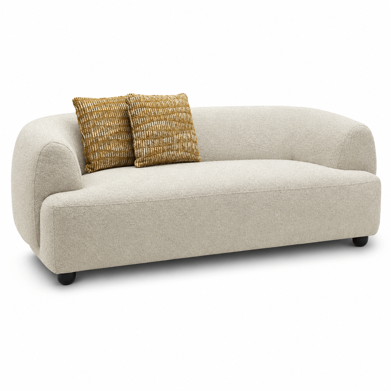 Beige sofa with two gold pillows on a white background