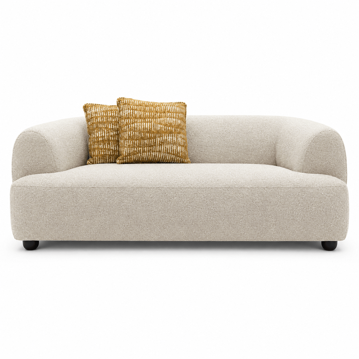 Beige sofa with two decorative pillows on a white background