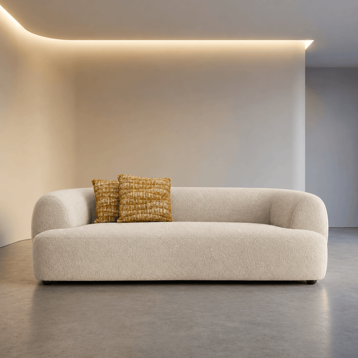 Beige sofa with two patterned cushions in a modern room setting.