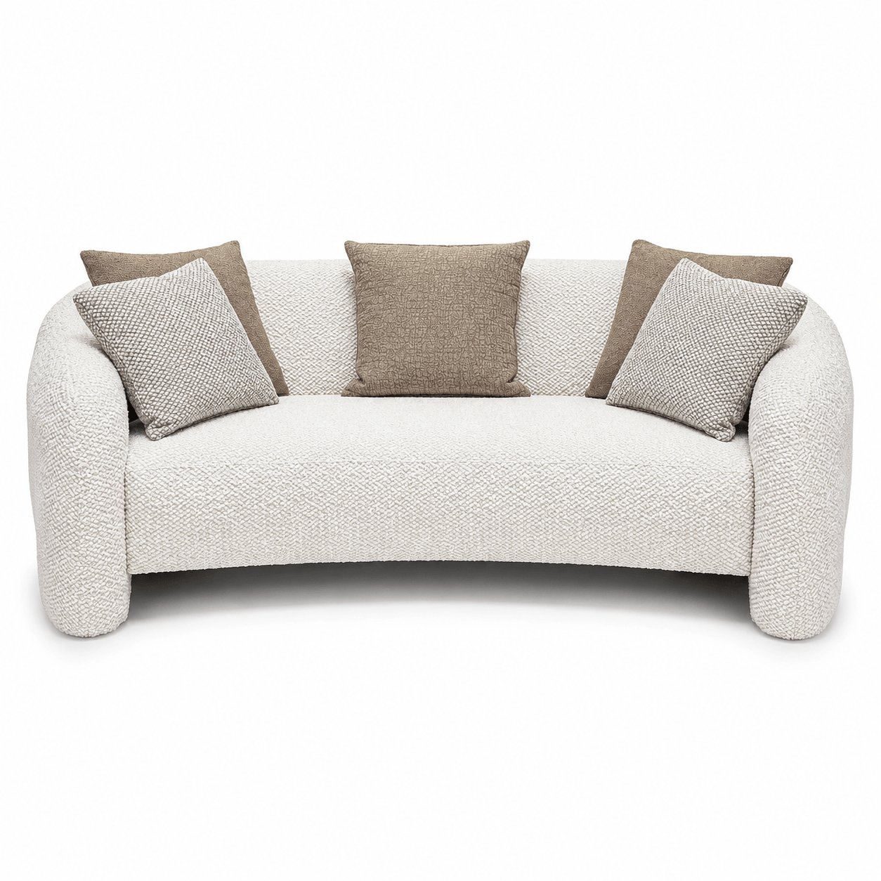 White sofa with brown and gray cushions on a white background