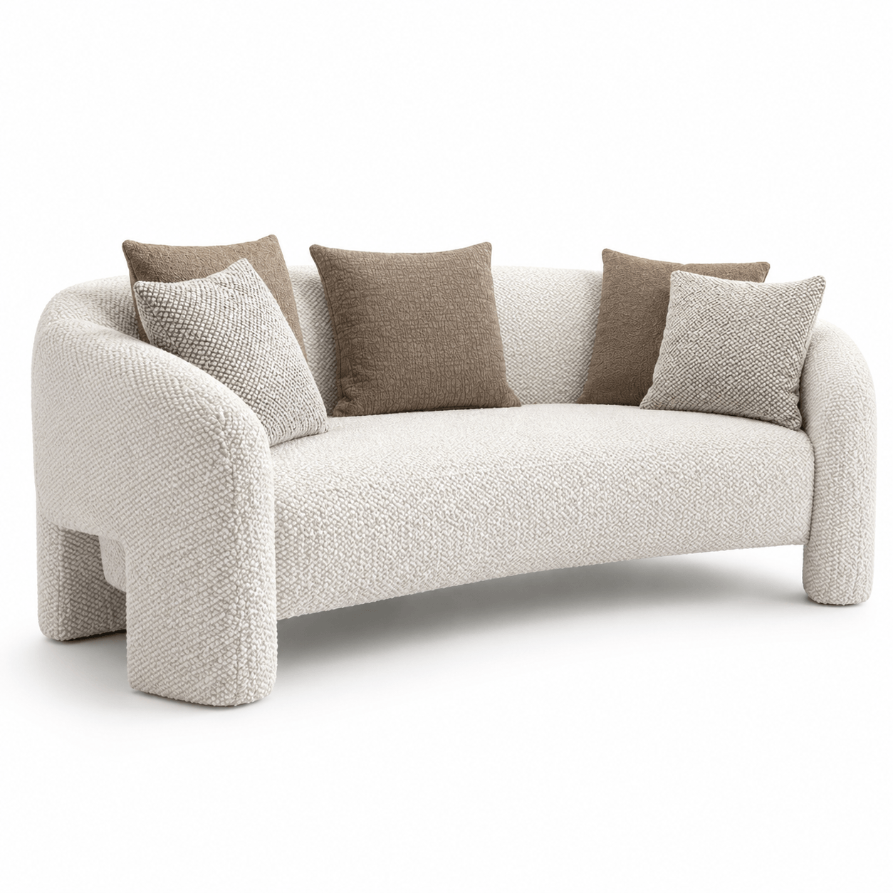 Beige sofa with brown and gray cushions on a white background