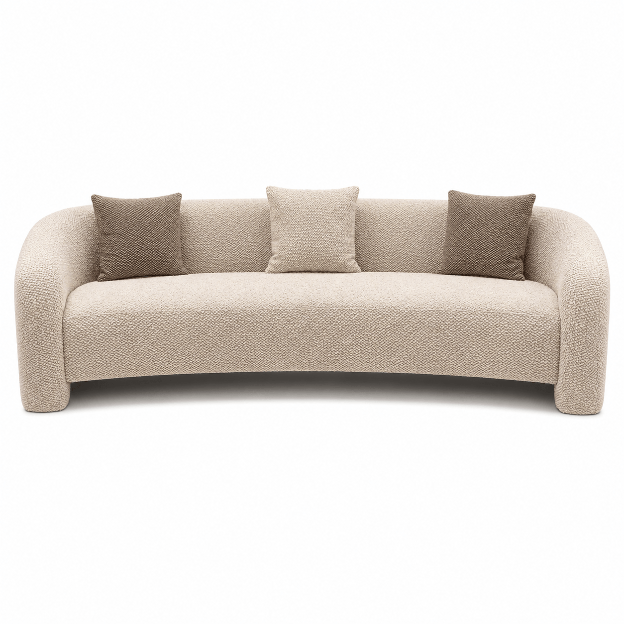 Beige sofa with three cushions on a white background