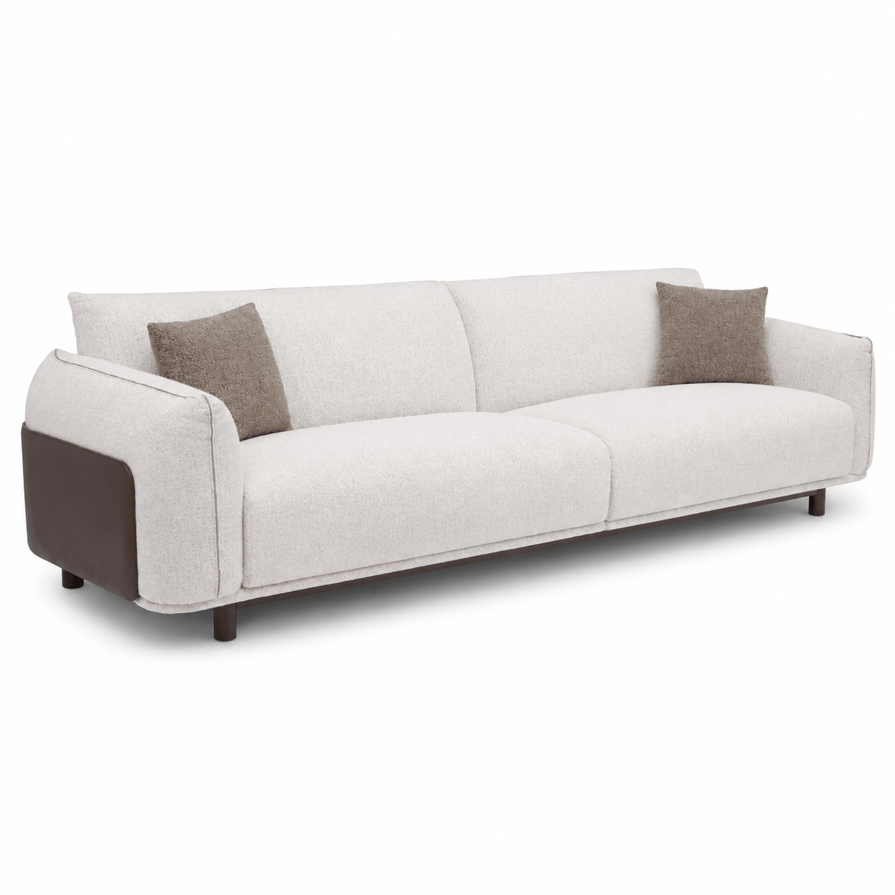 White sofa with brown cushions on a white background