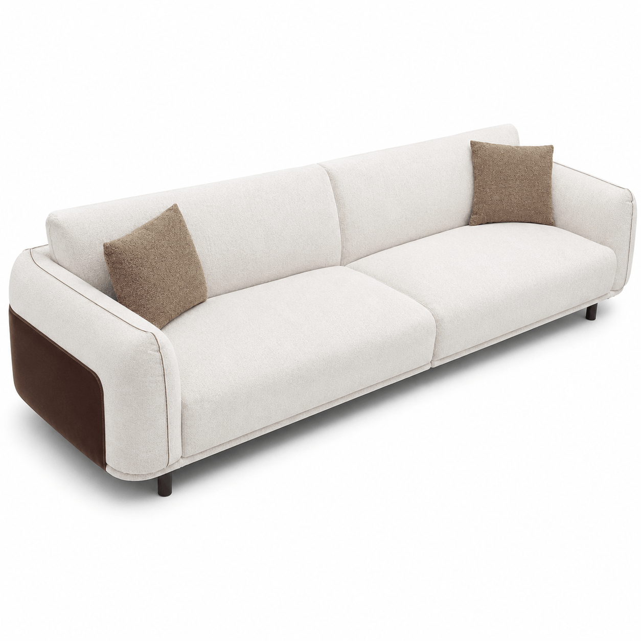 White sofa with brown cushions on a white background