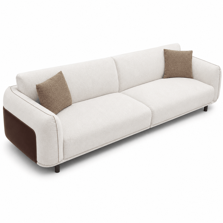 White sofa with brown cushions on a white background