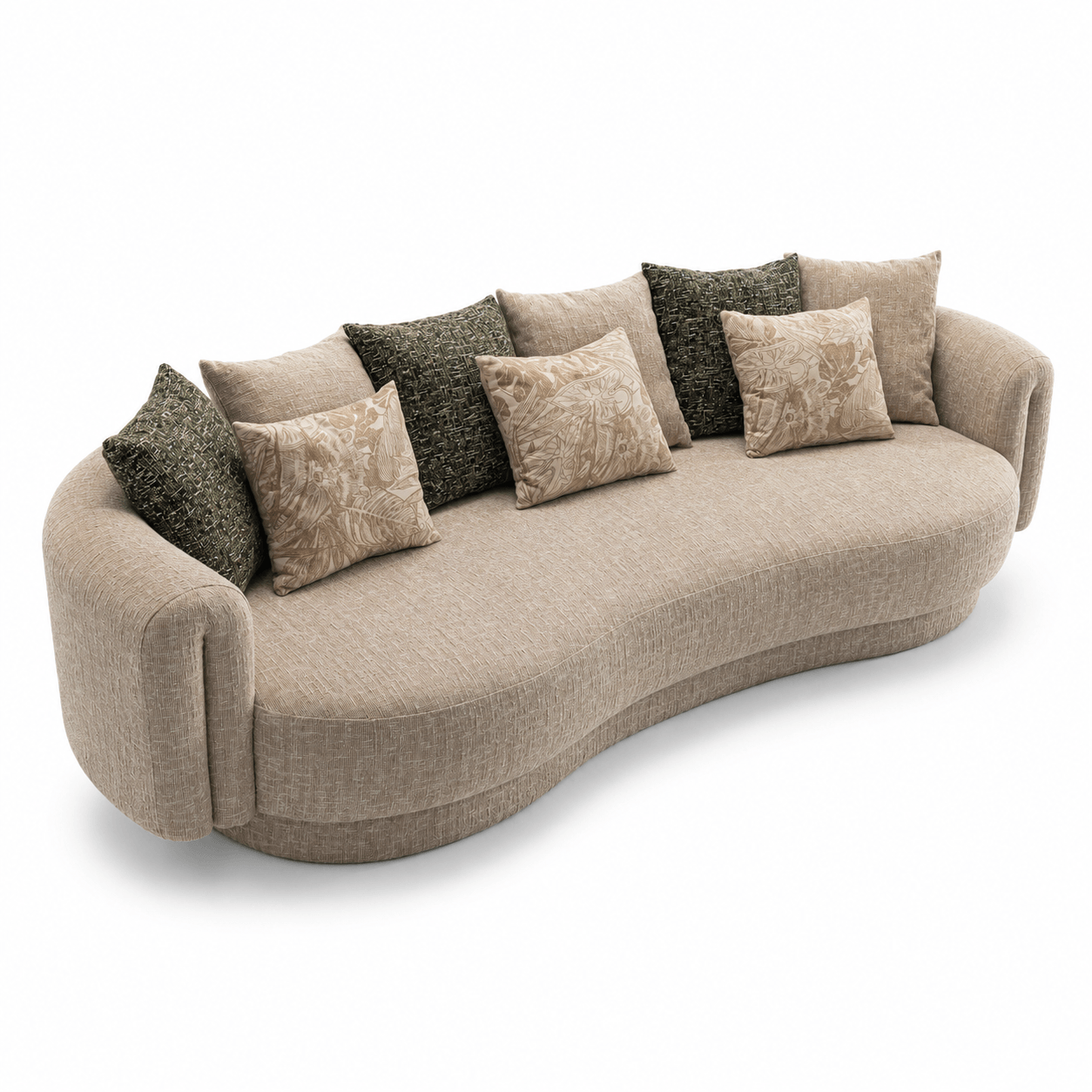 Beige sofa with patterned cushions on a white background