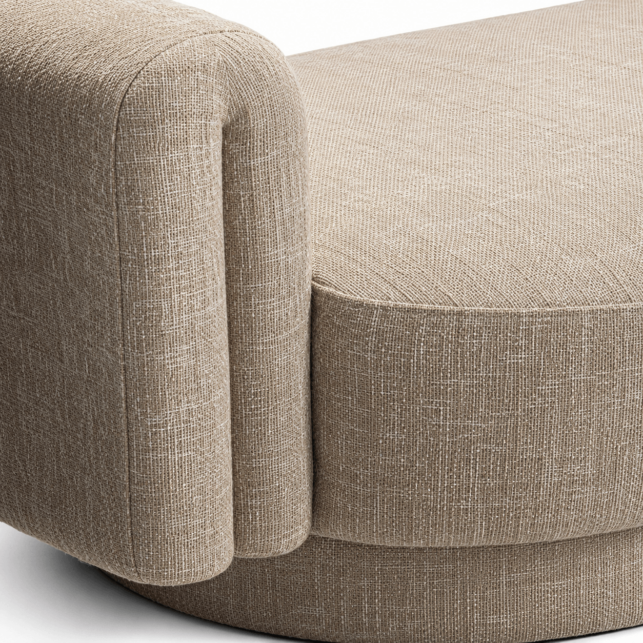 Close-up of a beige upholstered chair with a textured fabric finish.