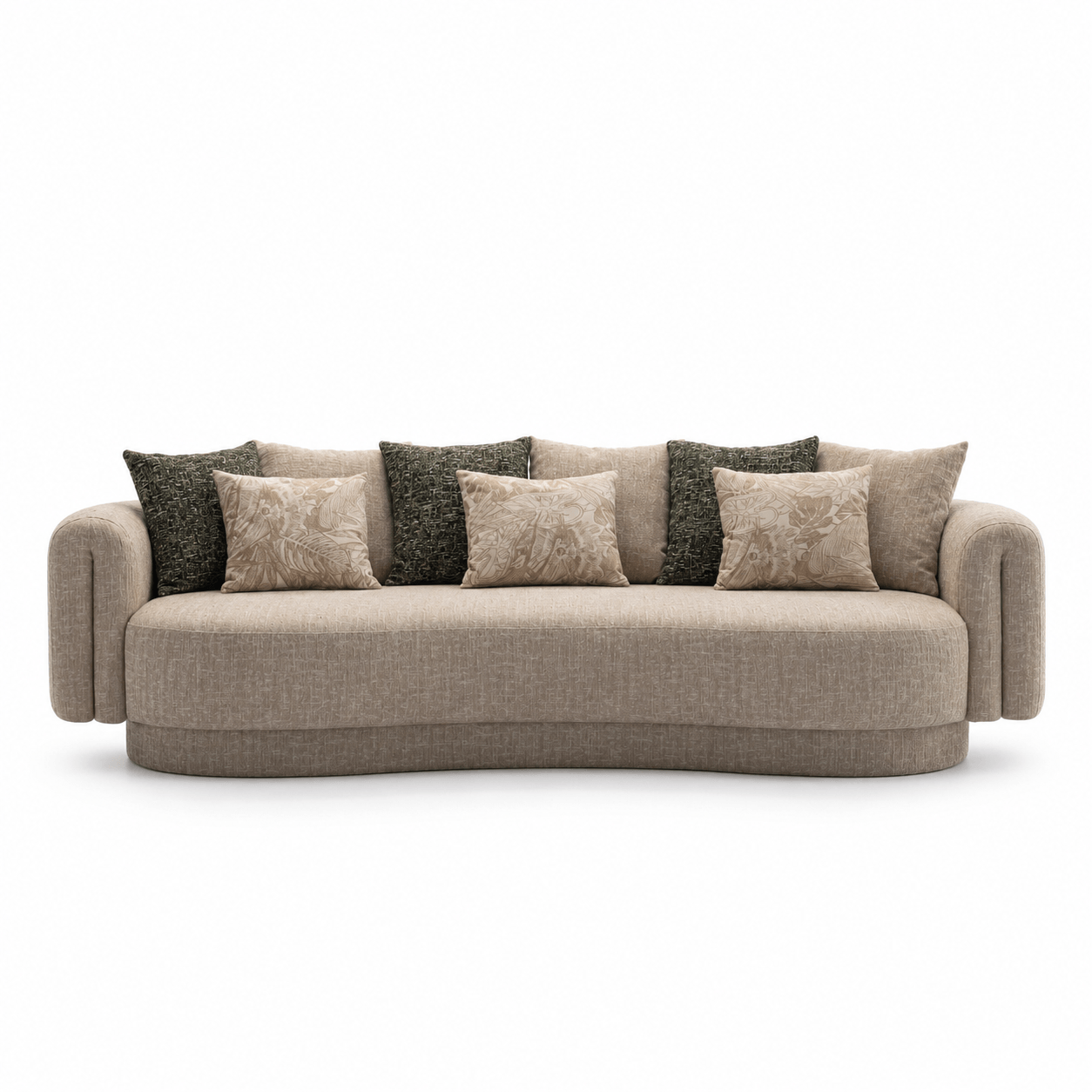 Beige sofa with decorative pillows on a white background