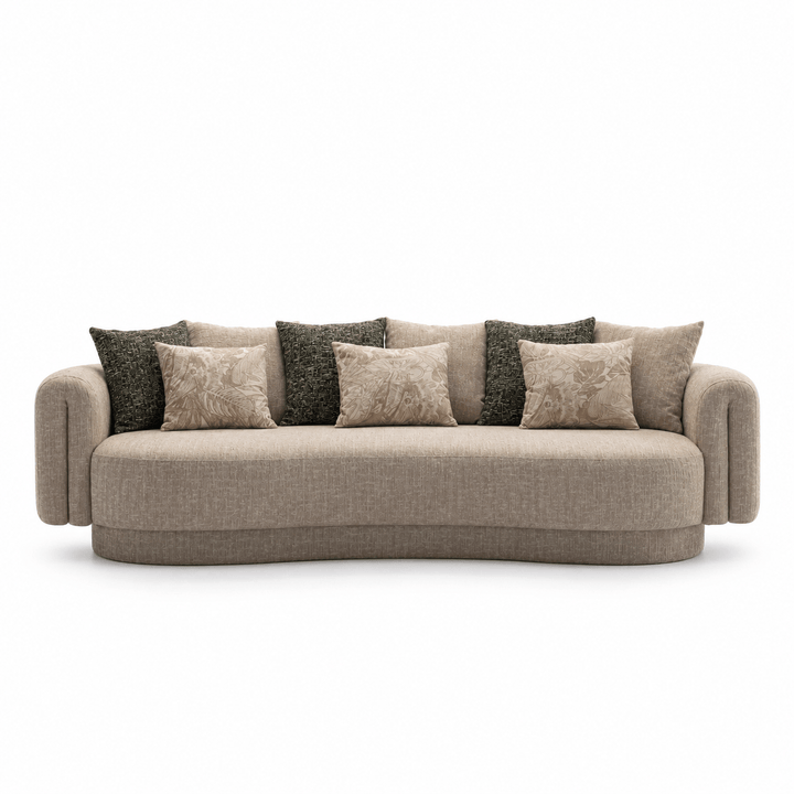 Beige sofa with decorative pillows on a white background