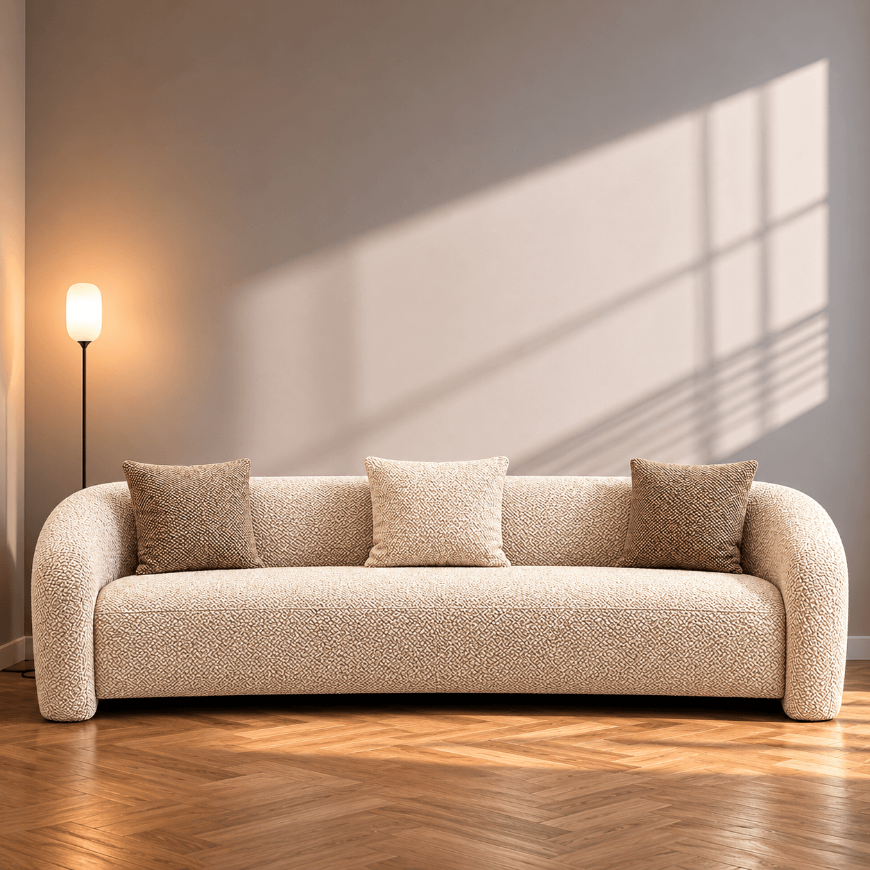 Beige sofa with cushions in a room with a lamp and sunlight casting shadows on the wall.