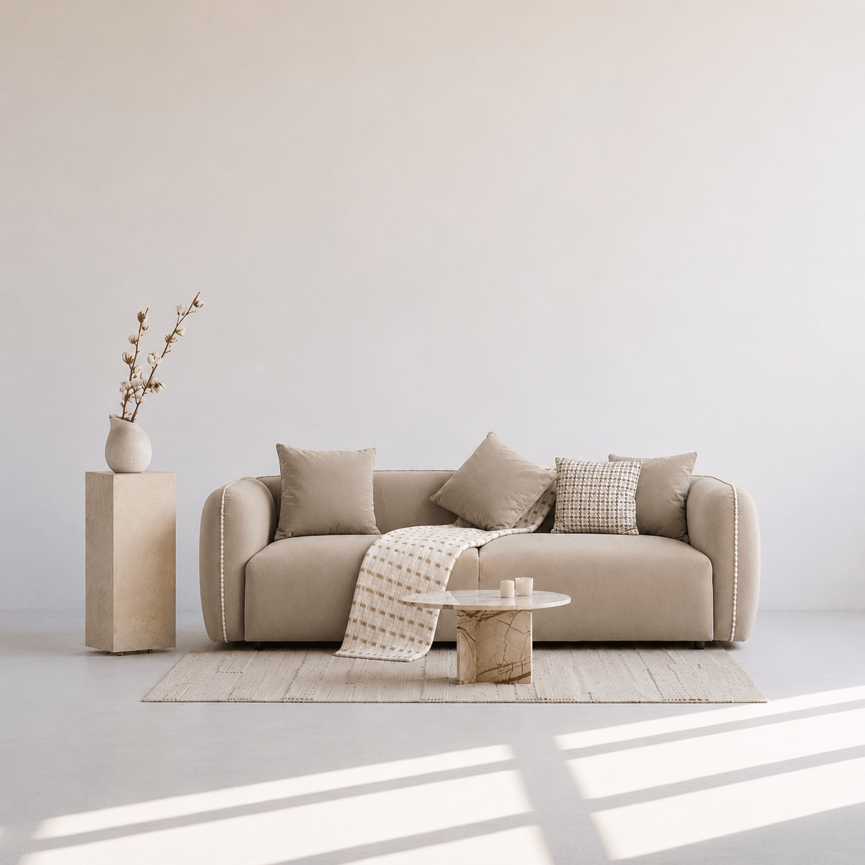 Beige sofa with decorative pillows and a small table in a minimalistic room.