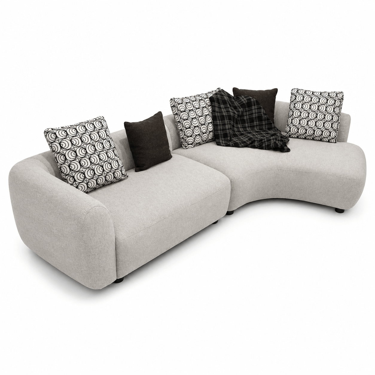 Gray sectional sofa with patterned cushions on a white background