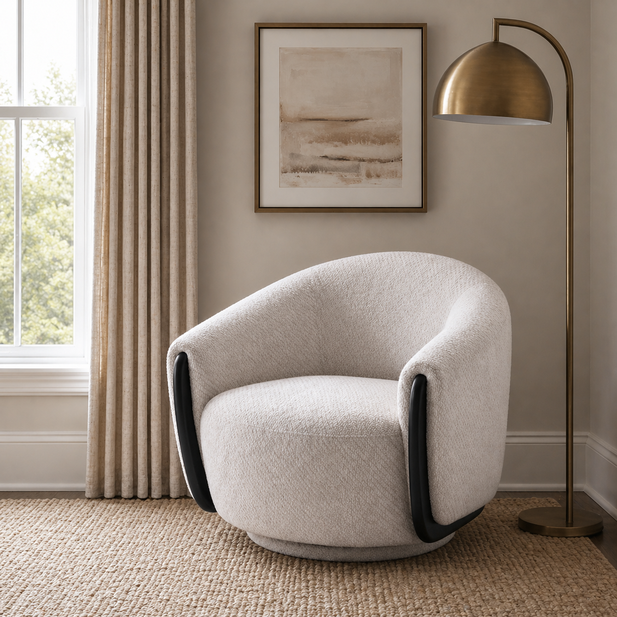 Modern beige armchair in a stylish room with a lamp and artwork.