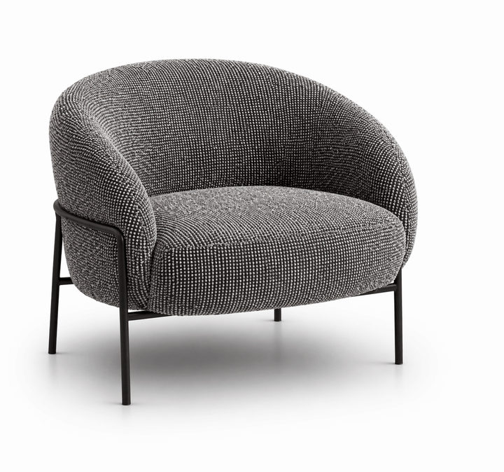 Gray textured armchair with black metal legs on a white background