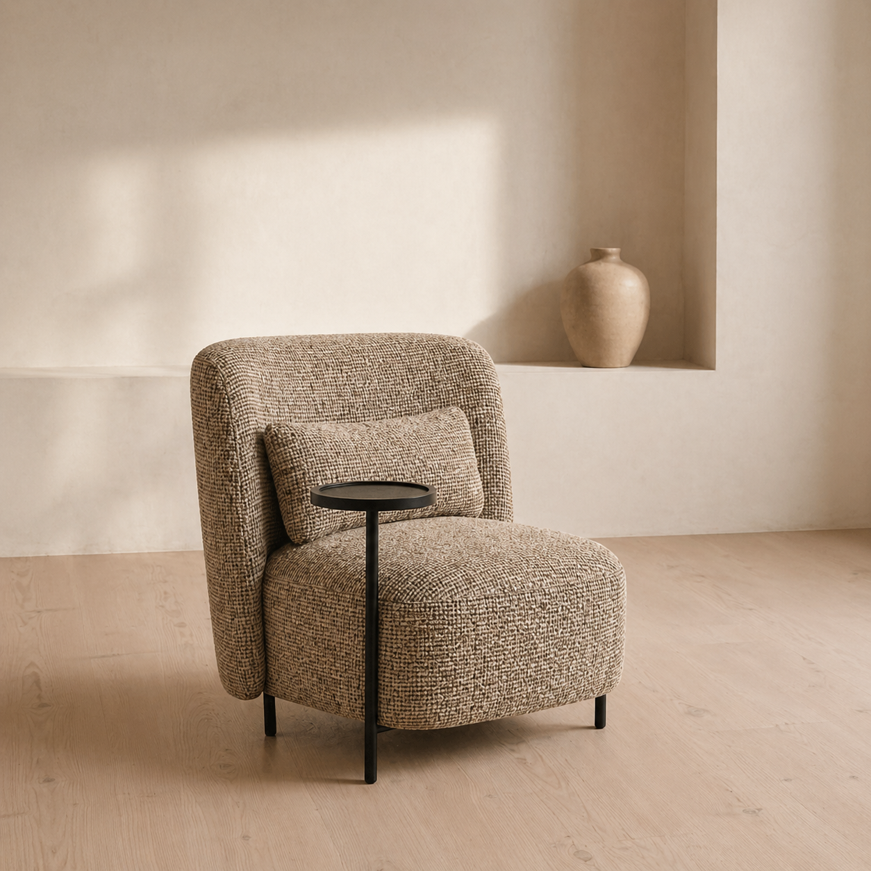 Textured armchair with a small table in a minimalistic room with a vase on a shelf.