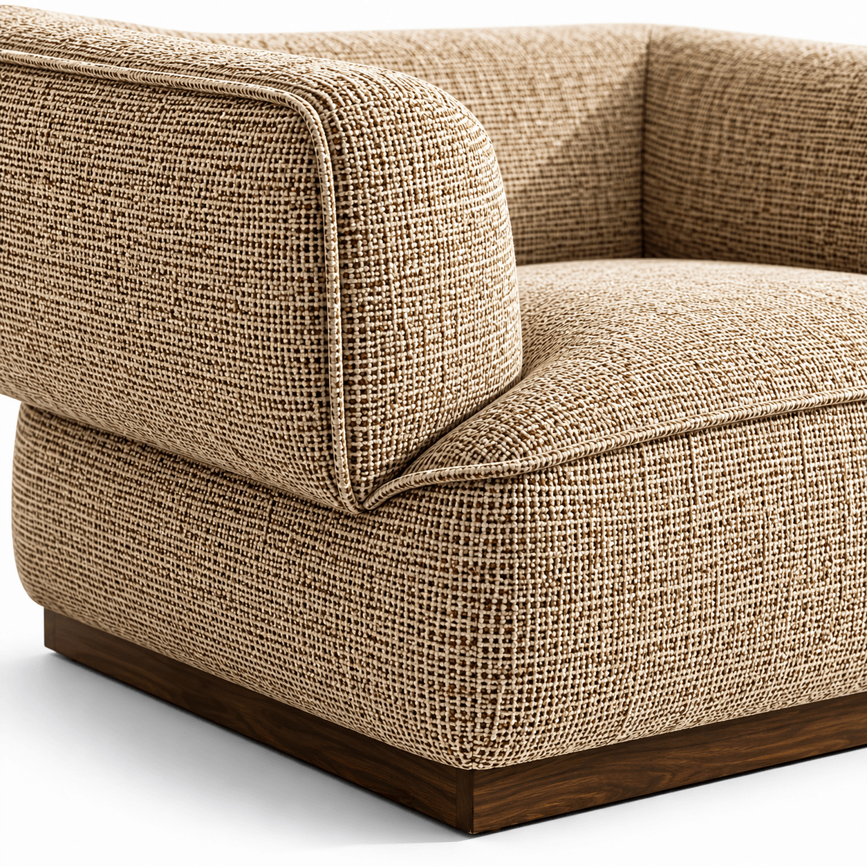 Beige textured sofa with wooden legs on a white background