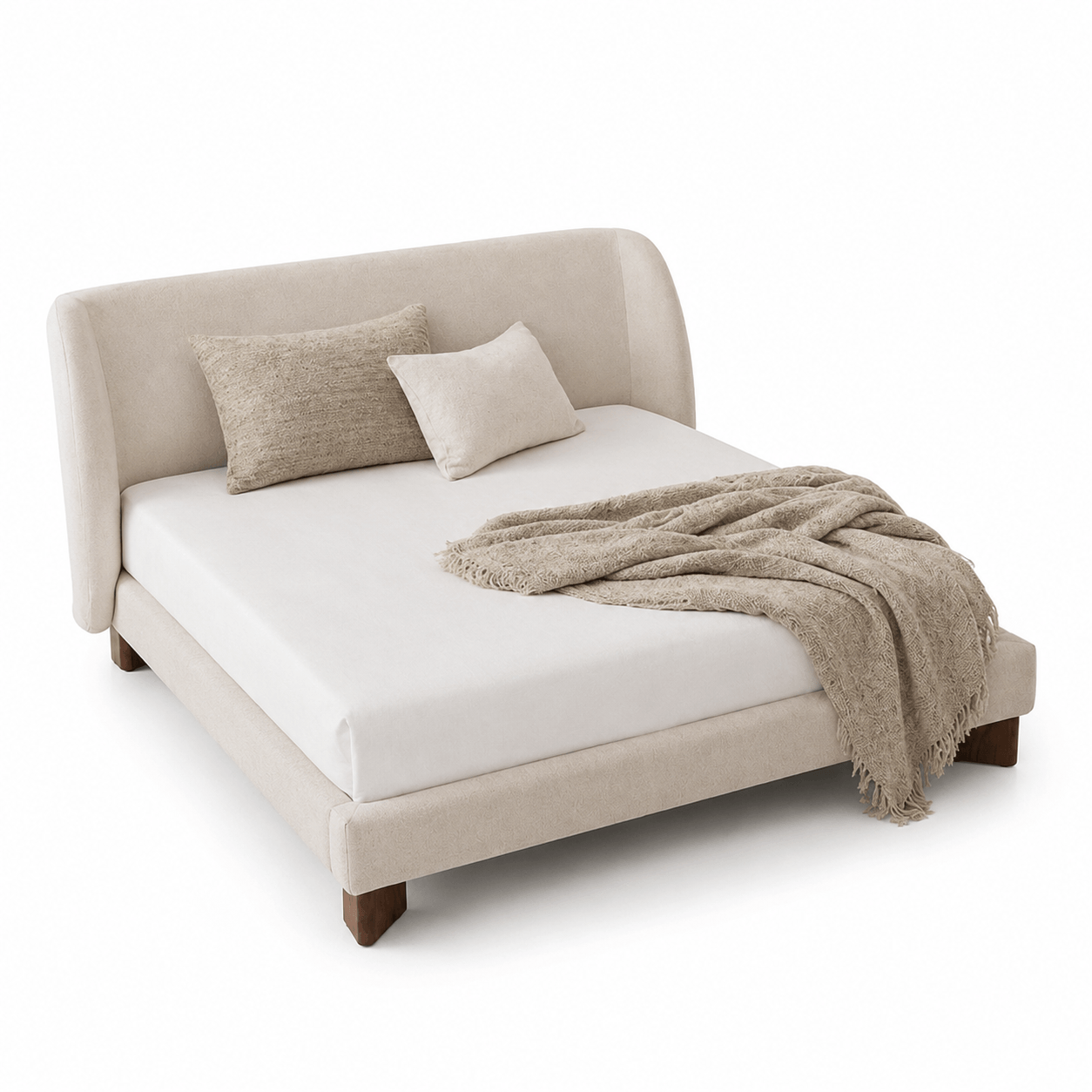 Beige upholstered bed with white mattress and beige blanket on a white background