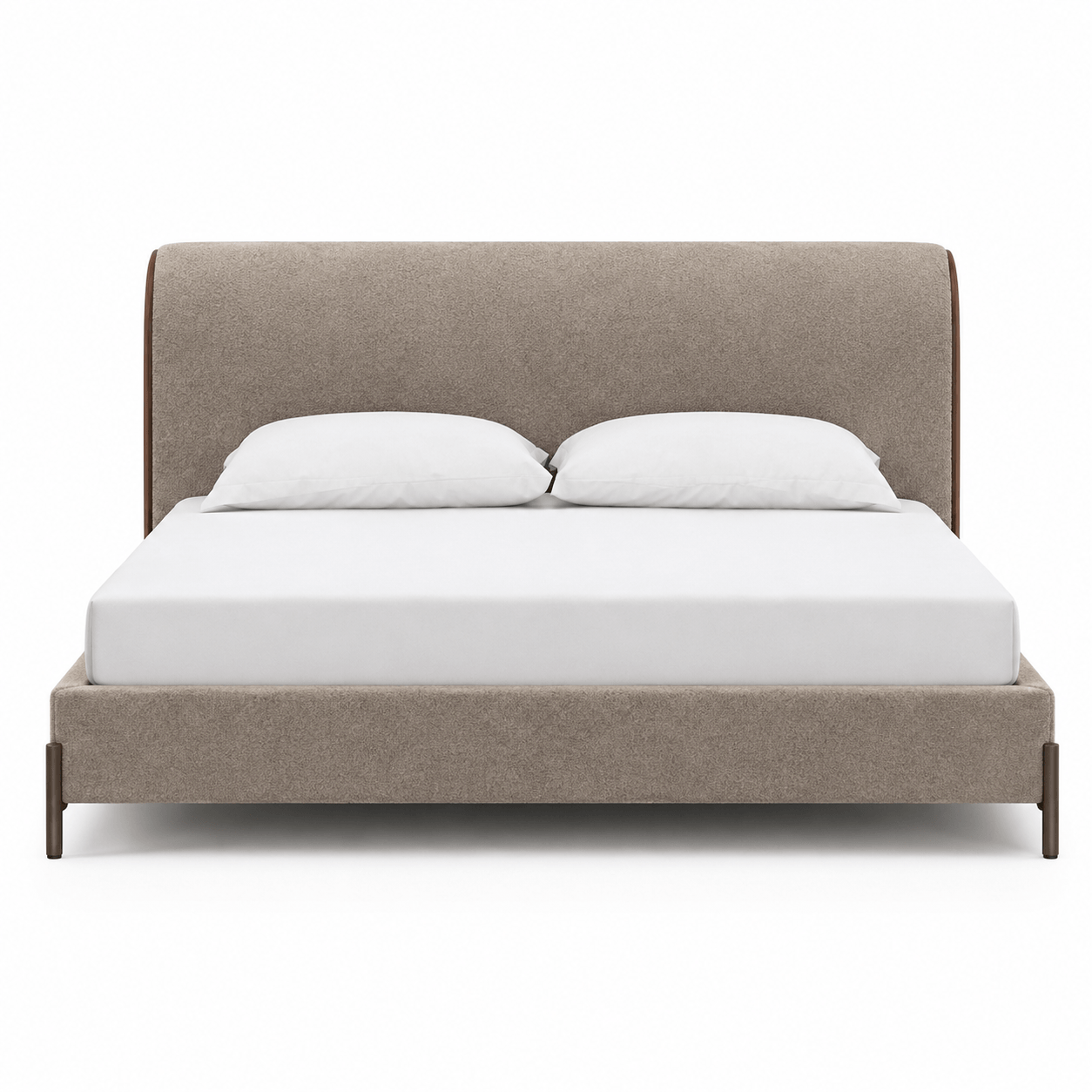 Beige upholstered bed with white mattress and pillows on a white background