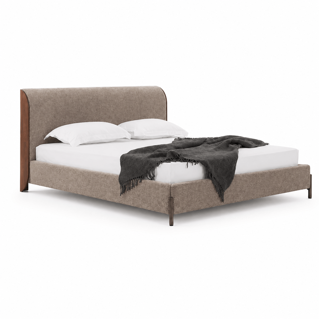 Bed with brown upholstered headboard and white bedding on a white background