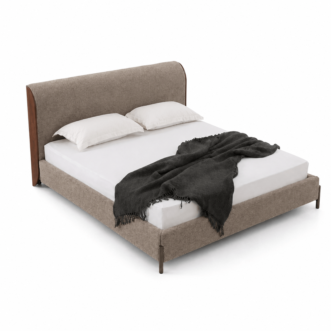 Bed with brown upholstered headboard and white bedding on a white background