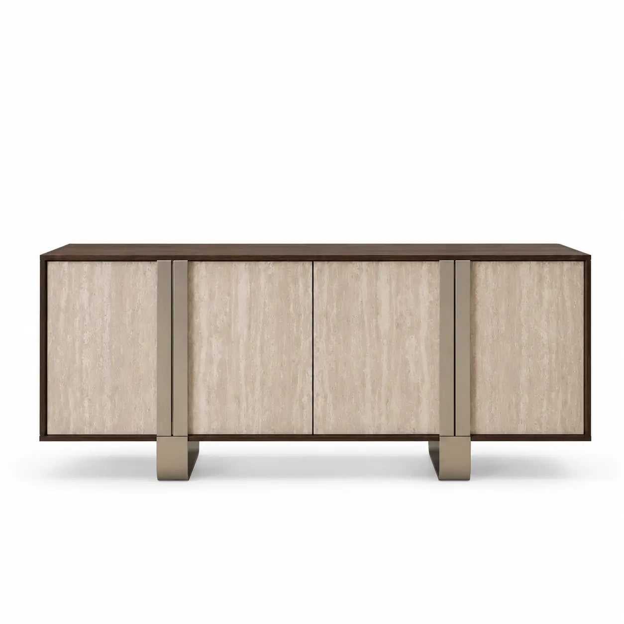 Wooden sideboard with light wood panels and dark brown frame on a white background