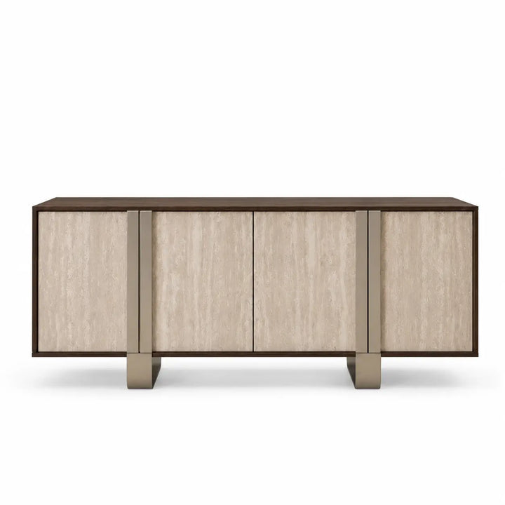 Wooden sideboard with light wood panels and dark brown frame on a white background