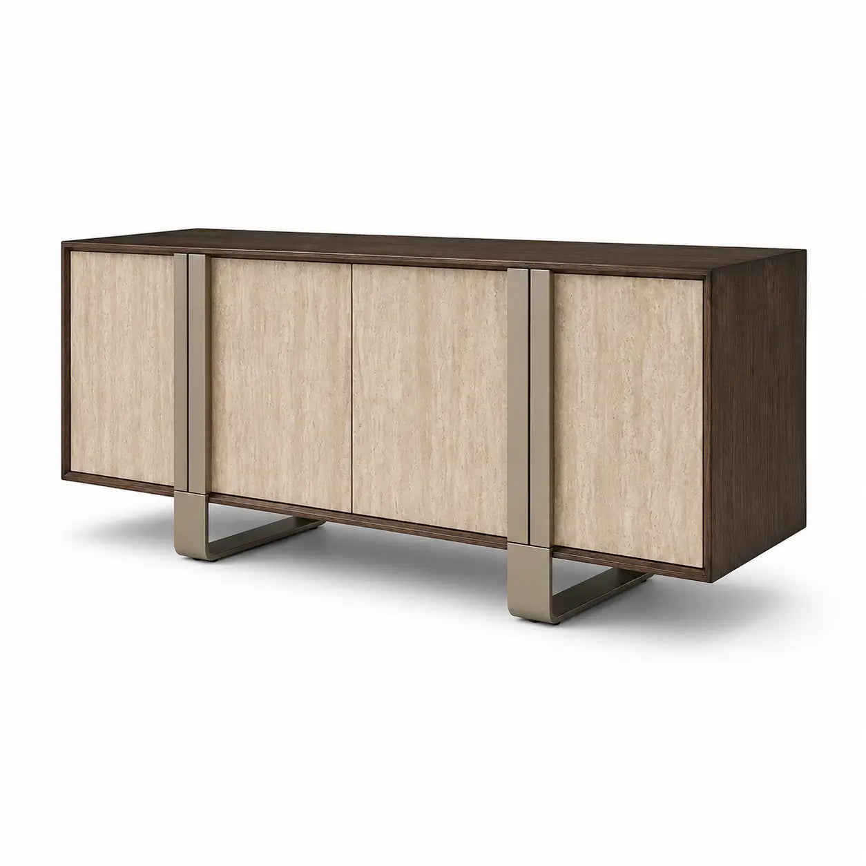Wooden sideboard with light wood paneling and dark brown frame on a white background