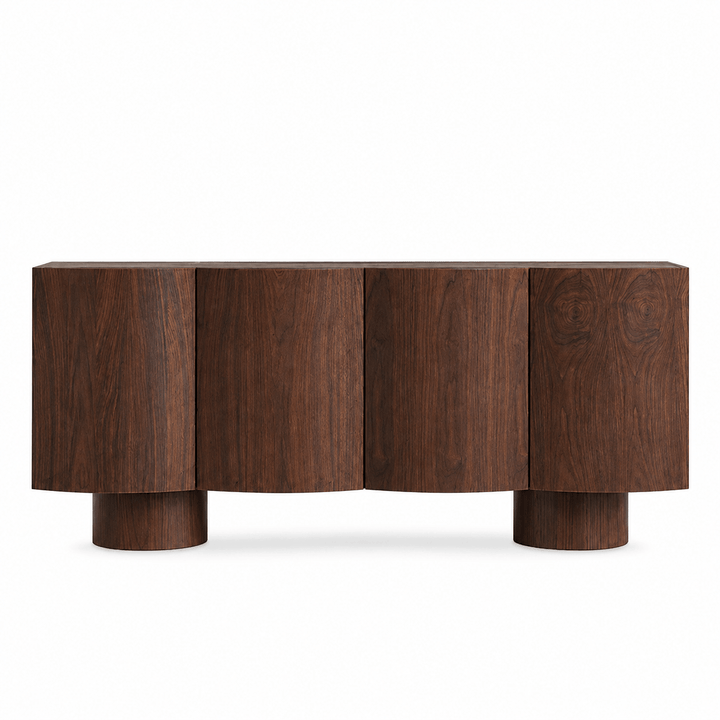 Wooden console table with a modern design on a white background