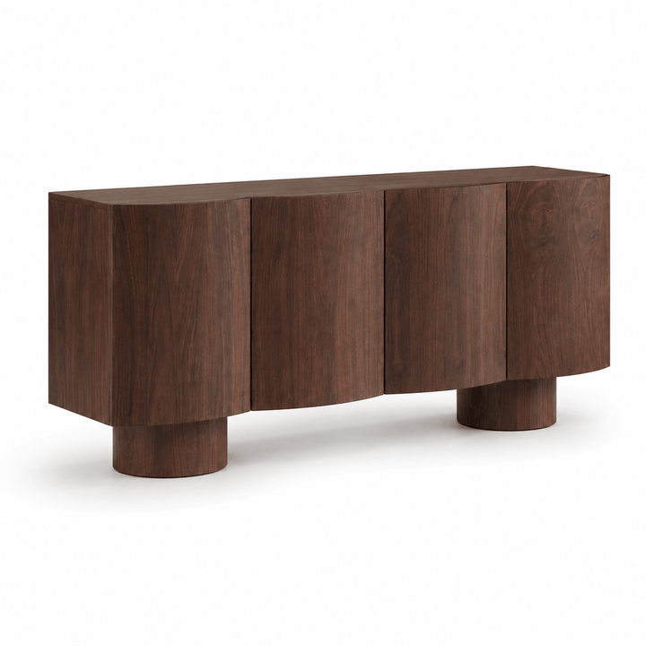 Wooden sideboard with a modern design on a white background