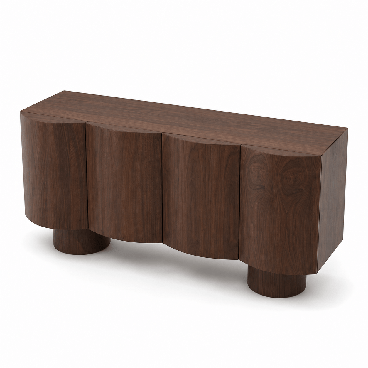 Wooden console table with a curved design on a white background