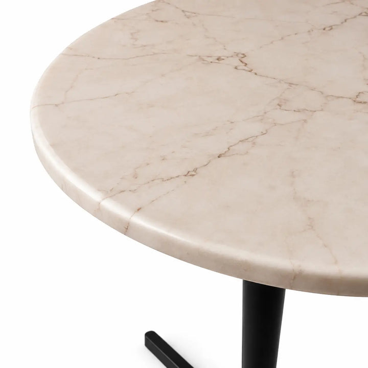 Round marble table with a beige and brown pattern on a white background
