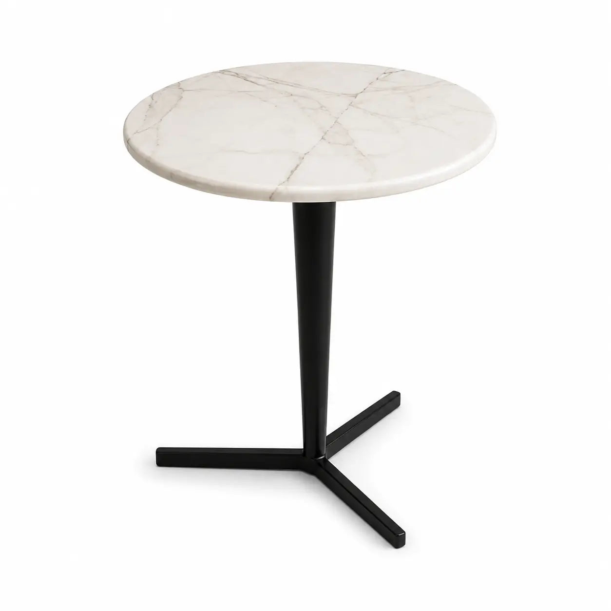 Round marble table with a black metal base on a white background
