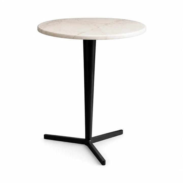 Round marble table with a black metal base on a white background