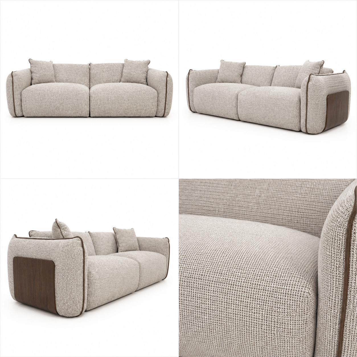 Collage of a modern beige sofa with wooden accents on a white background