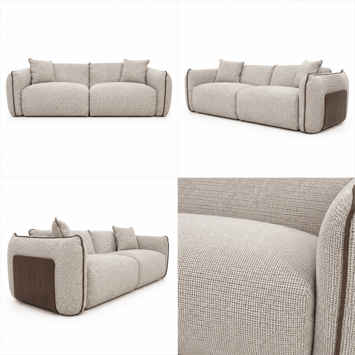 Collage of a modern beige sofa with wooden accents on a white background